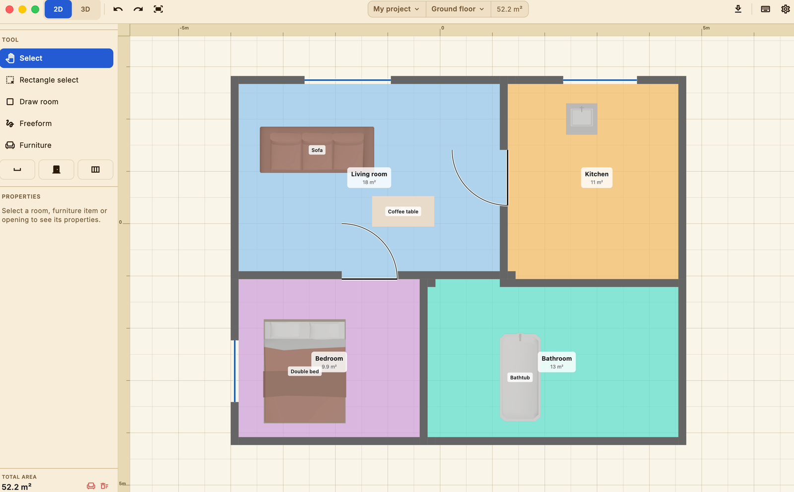 Arti in 2D: four rooms with dimensions, doors and windows