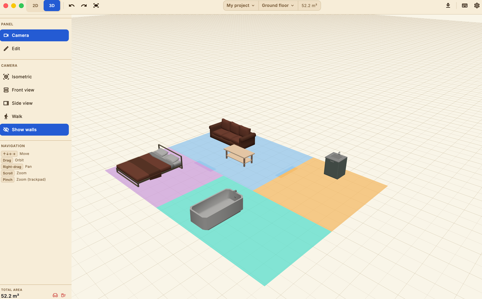 The 3D view with every wall hidden, showing the layout from above