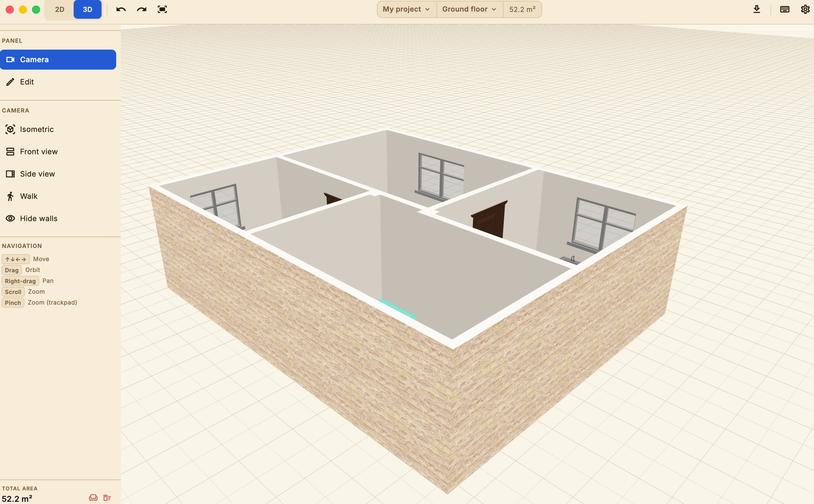 The same plan in 3D with walls and materials
