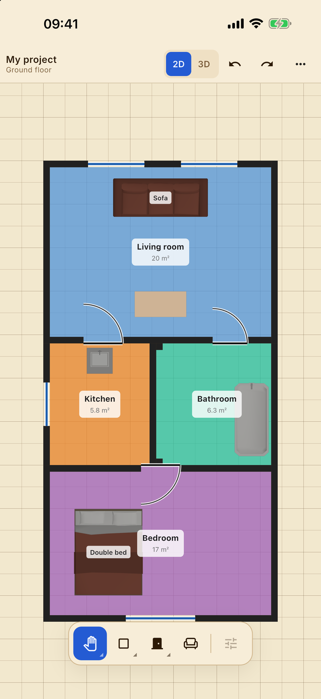 Arti on an iPhone: a 2D floor plan with each room’s area shown