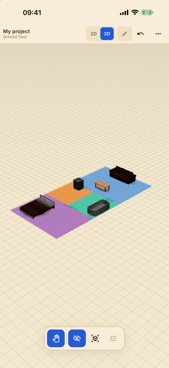 The 3D view on an iPhone with the walls hidden and the furniture visible