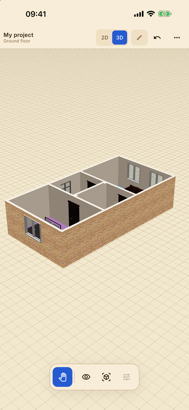 The same plan on an iPhone in 3D, with the walls standing