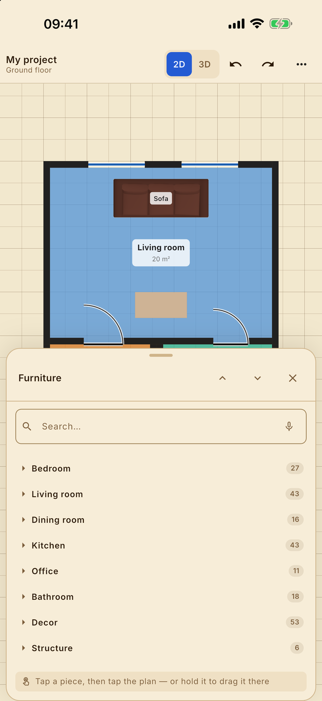The furniture list on an iPhone