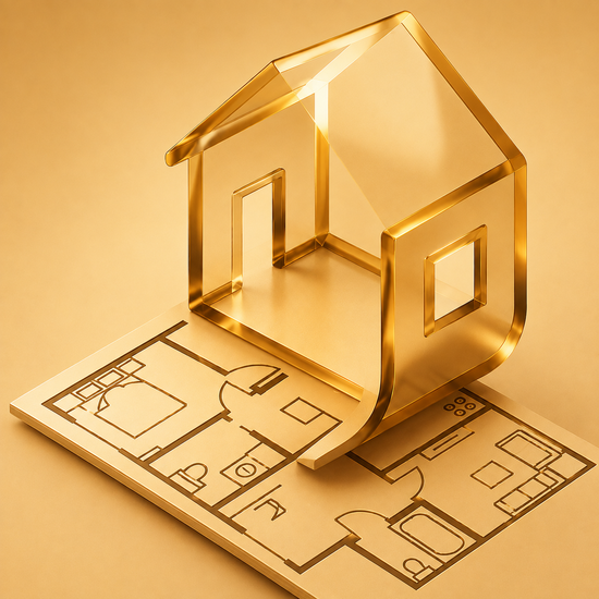 A gold model house rising out of a printed floor plan — the Arti icon