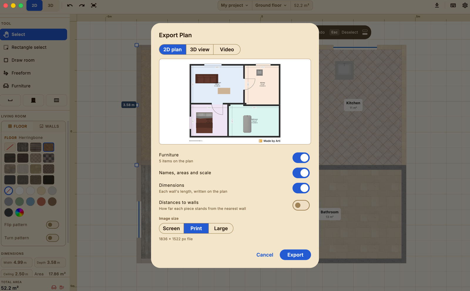 The export dialog, with its options and a preview of the finished sheet