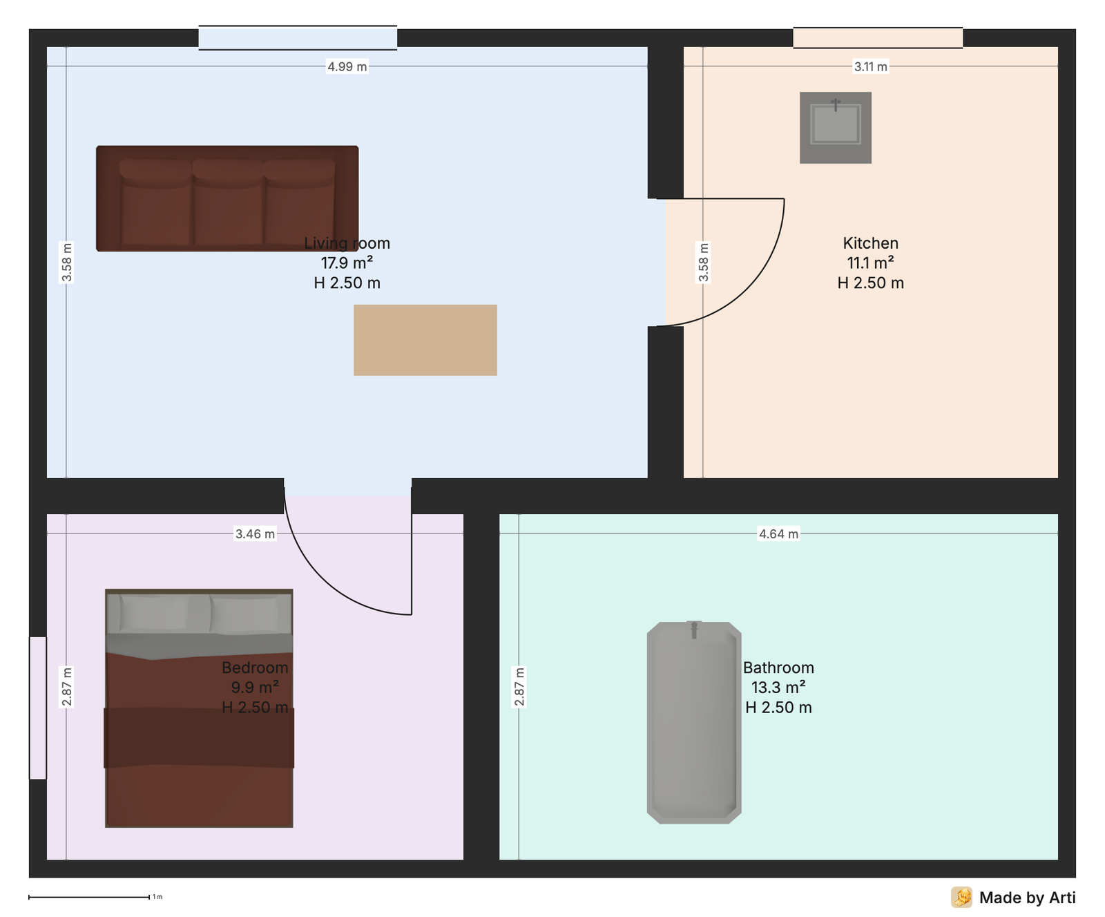 A finished export sheet: every wall dimensioned, room names, areas, ceiling heights, a scale bar and the Made by Arti mark