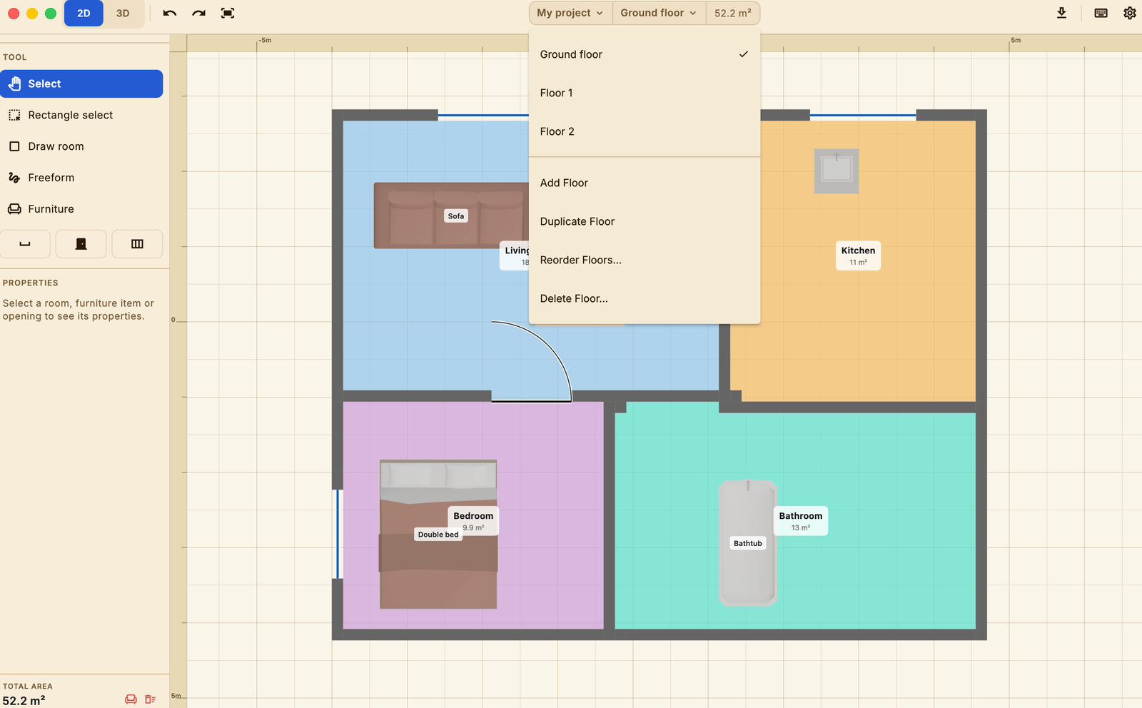The floor menu open, showing three storeys and the duplicate action