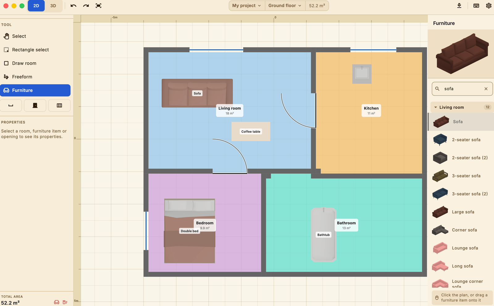 Arti's furniture catalogue open over a furnished plan