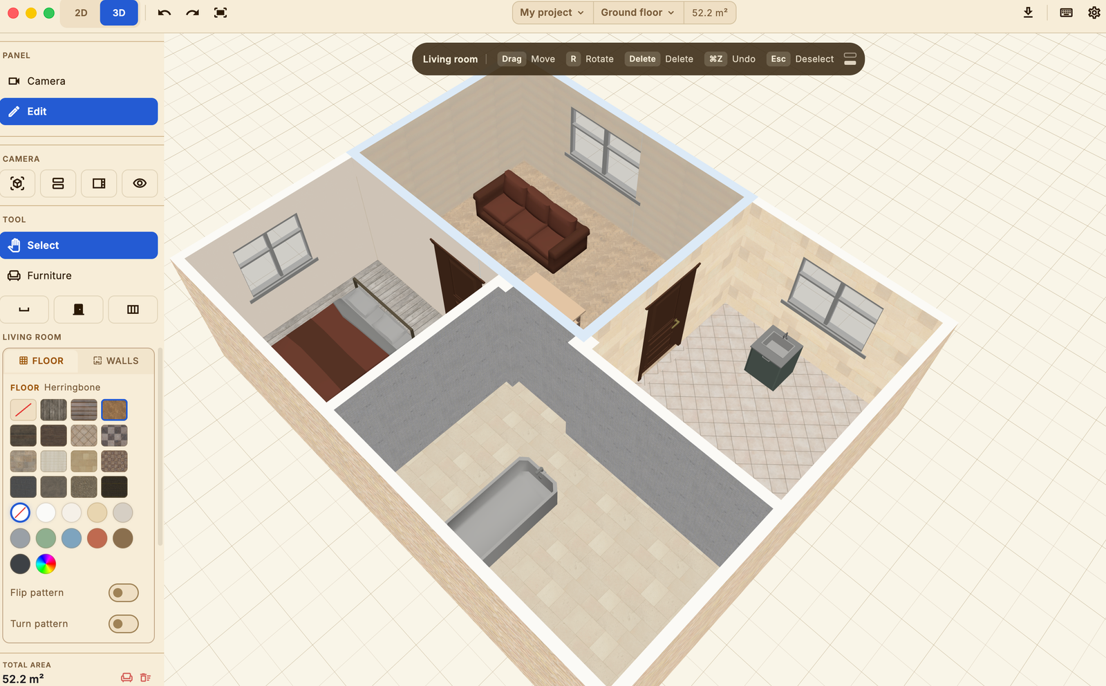 A room selected in 3D in Arti, with the floor and wall material swatches open in the panel